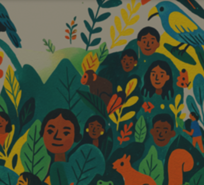 Human face and animals surrounded in lush animated vegetation